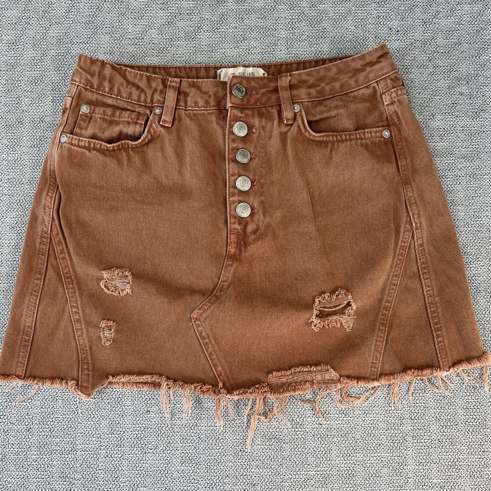We The Free High Rise Button Fly Distressed Denim Mini Skirt Brown Size 28 Woman